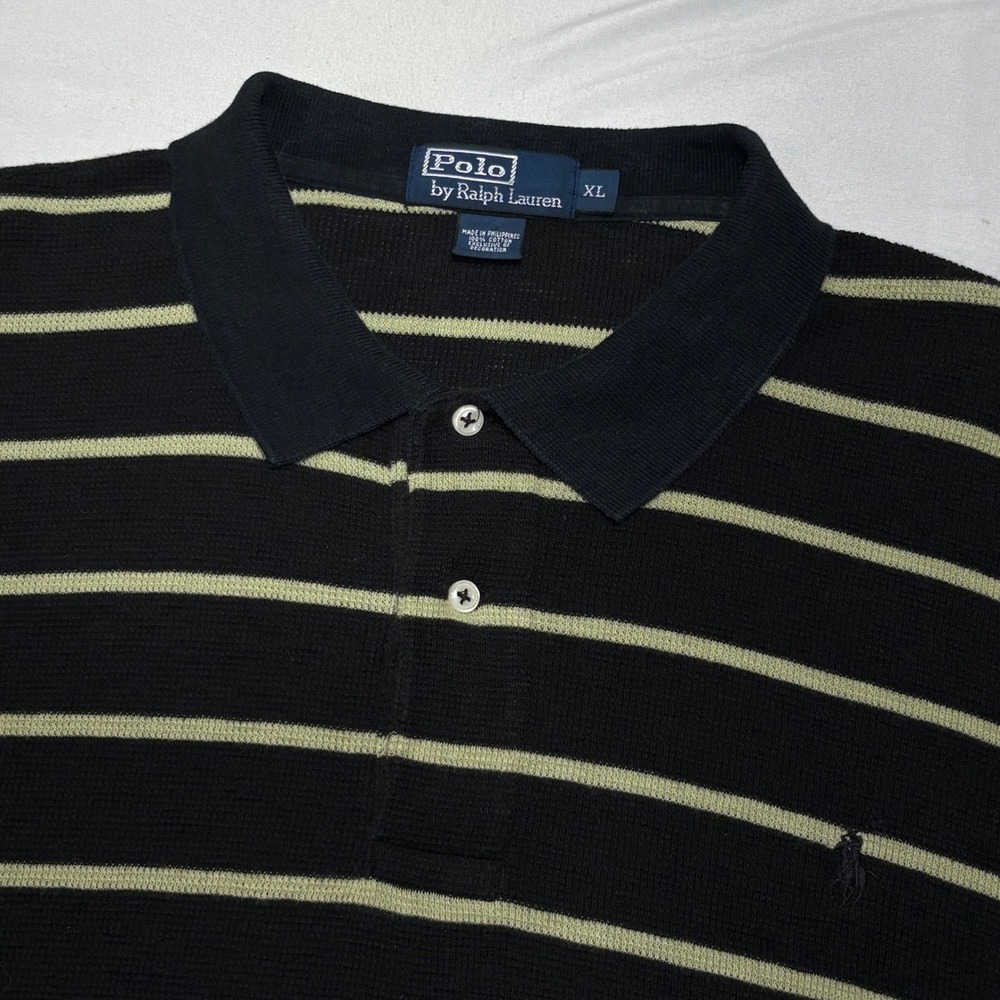 Polo Ralph Lauren Polo Shirt Men XL Black Yellow Striped Waffle Knit Preppy Logo